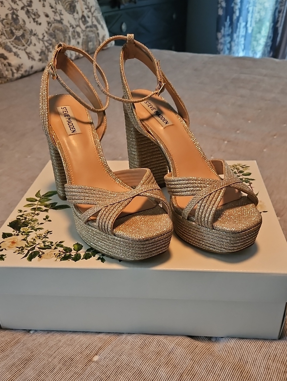 Steve Madden Sparkling Gold Platform Ankle-Strap Sandals